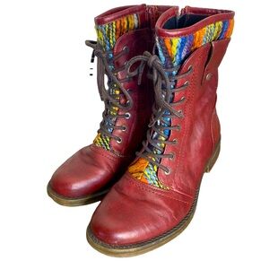 TAXI Red Burgundy Ankle Combat Boots Multicolor Knit Lace Up Sz 7.5 / 8 / 38